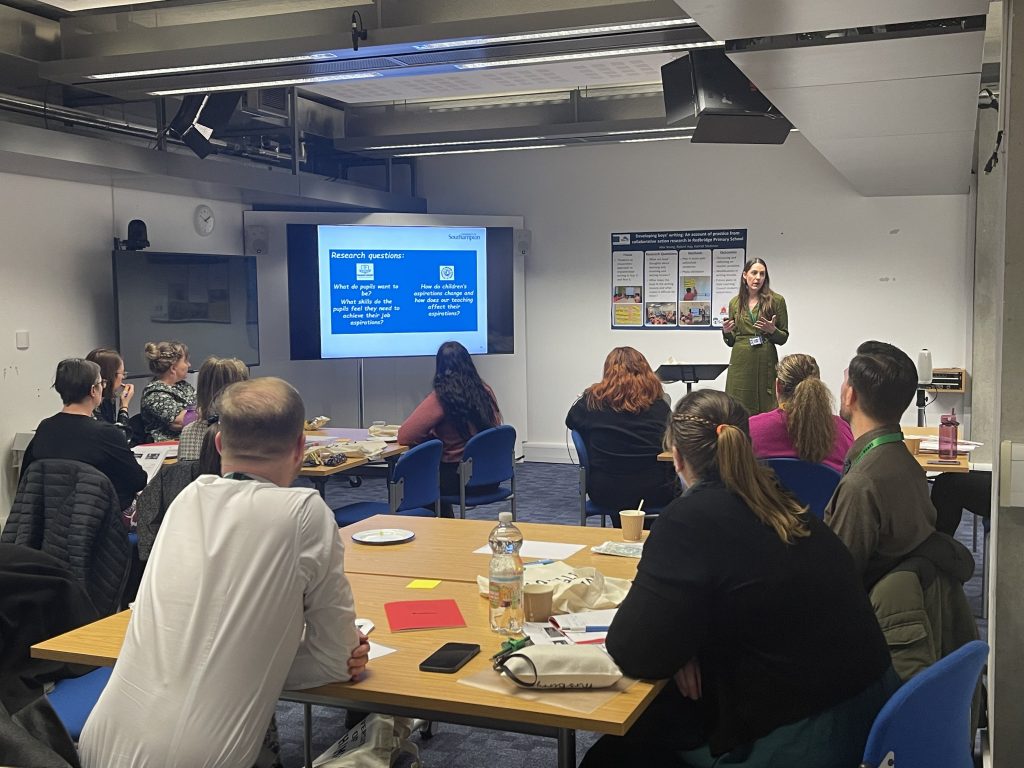 Three images placed adjacent to each other, each depicting a different woman standing in front of a group of people, presenting information from the slides on a screen.