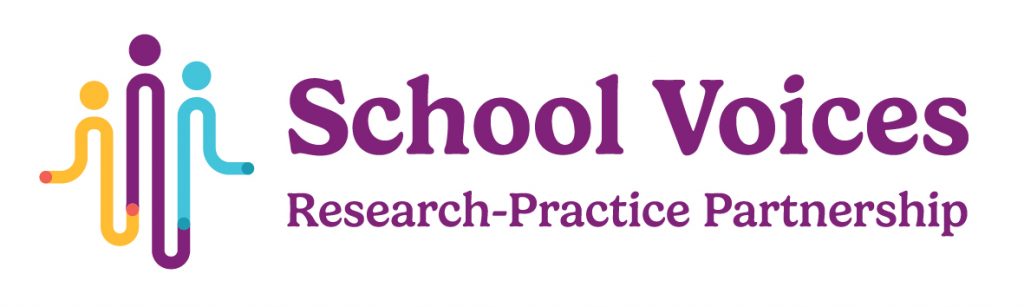 The logo for School Voices Research-Practice Partnership, in purple text and three stick figures connected with a squiggly line, in yellow, purple and blue.