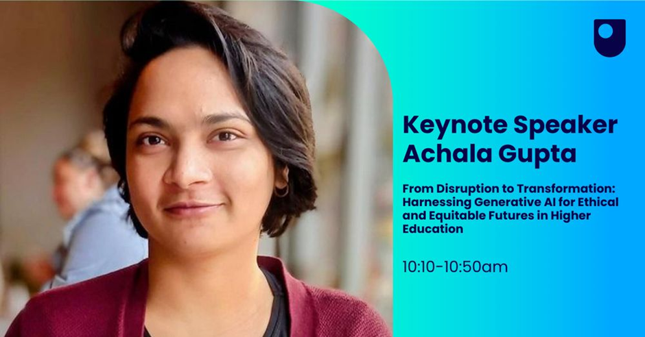 A blue poster with a portrait image of Dr Achala Gupta, the title of the keynote, the timings.