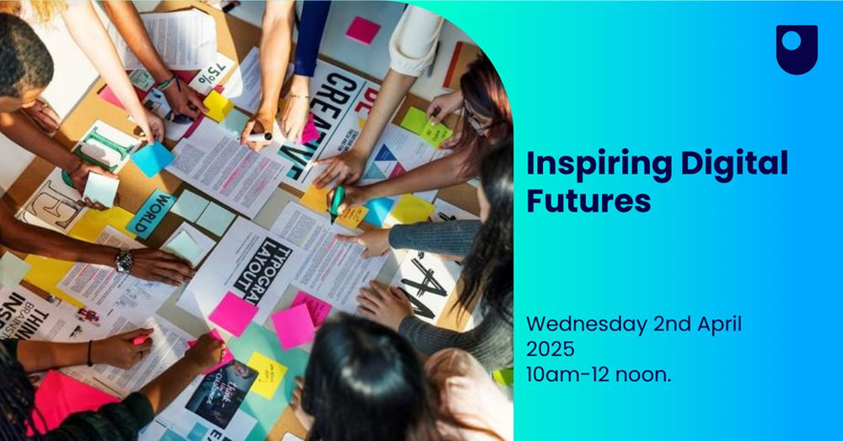 A blue poster with name of the keynote address and an image of a group of people's hands writing and pointing towards several papers and sticky notes spread across in the middle.