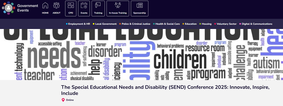 A screenshot of the event website with words such as children, needs, disorder, challenge, program, autism, etc. in a word cloud, followed by the title of the speech.