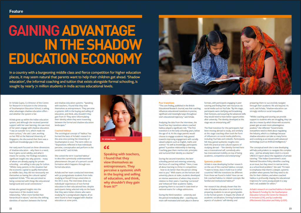 A snapshot of the two pages from the magazine which has the title in bold orange and red text beside a photo of a woman in traditional indian clothes sat beside a young girl in school uniform. Both looking at a book. This is followed by Dr Achala Gupta's profile photo and a few paragraphs of text spanning two pages.